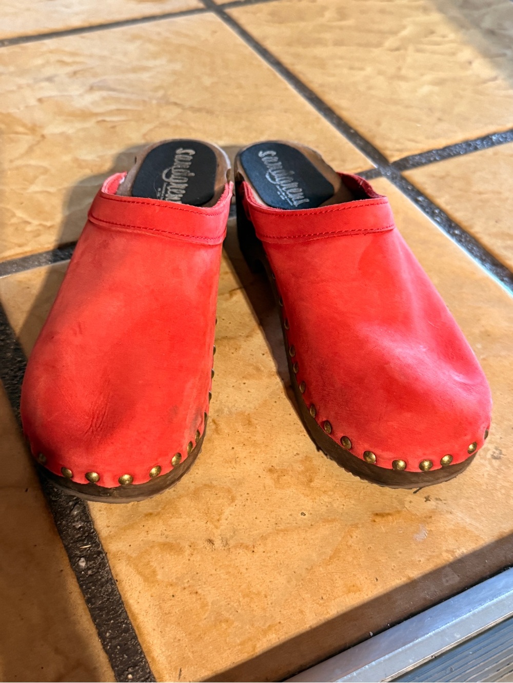 Women's Red Leather Studded Mule Clogs